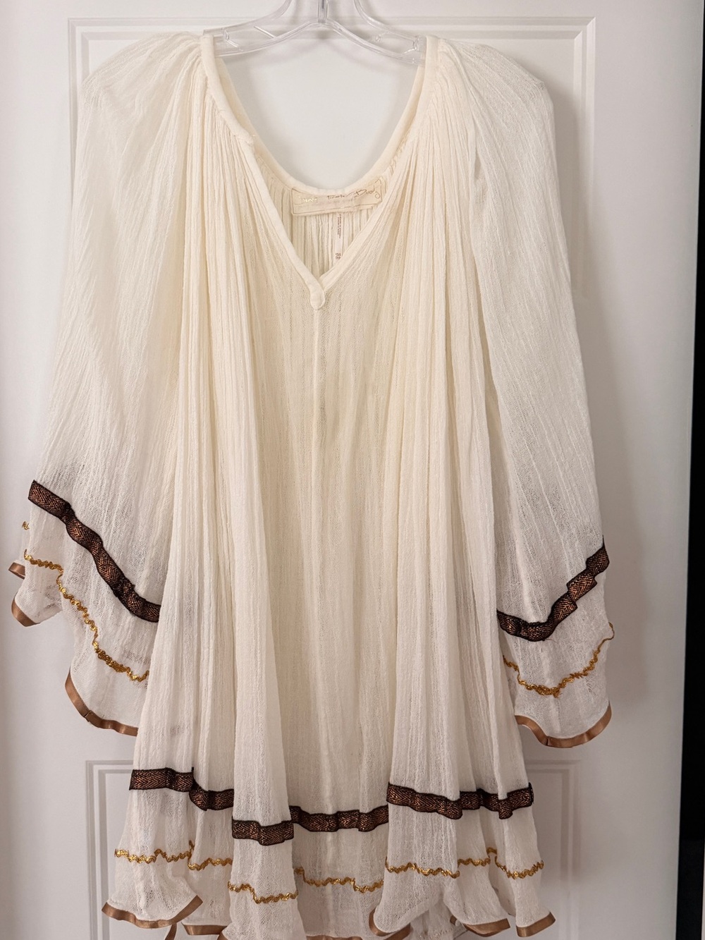 Free People Cream Peasant Tunic with Brown & Gold Trim